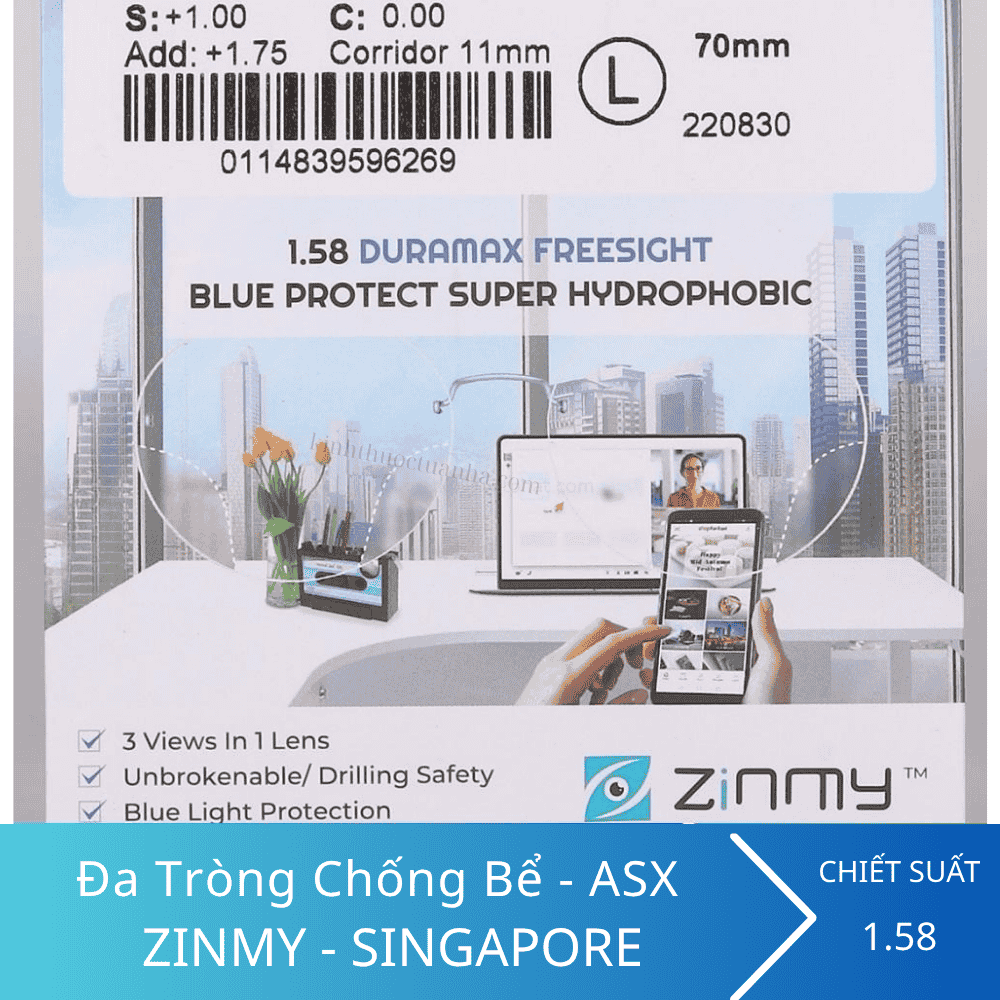 Kính Đa tròng chống ánh sáng xanh chống bể Zinmy 1.58 Duramax 3 Kính Đa tròng chống ánh sáng xanh chống bể Zinmy 1.58 Duramax