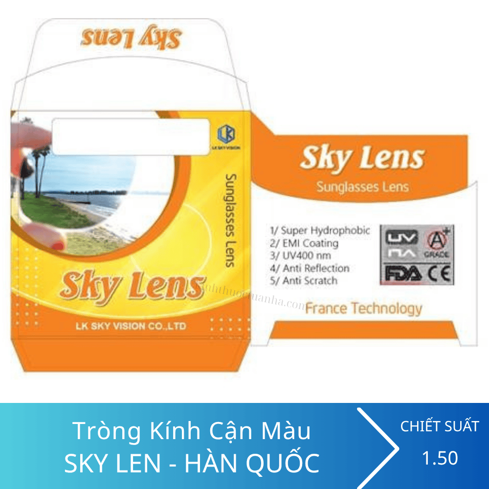 Tròng kính Cận màu Vàng, Khói, Trà, Xanh Sky Lens 1.50 SHMC 3 Tròng kính Cận màu Vàng, Khói, Trà, Xanh Sky Lens 1.50 SHMC