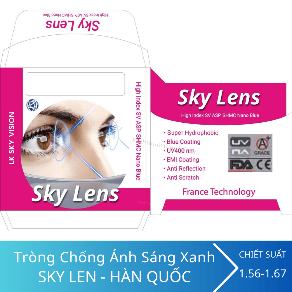 Tròng kính chống ánh sáng xanh Sky Lens 1.67 ASP UV400 Nano Blue SHMC 3 Tròng kính chống ánh sáng xanh Sky Lens 1.67 ASP UV400 Nano Blue SHMC