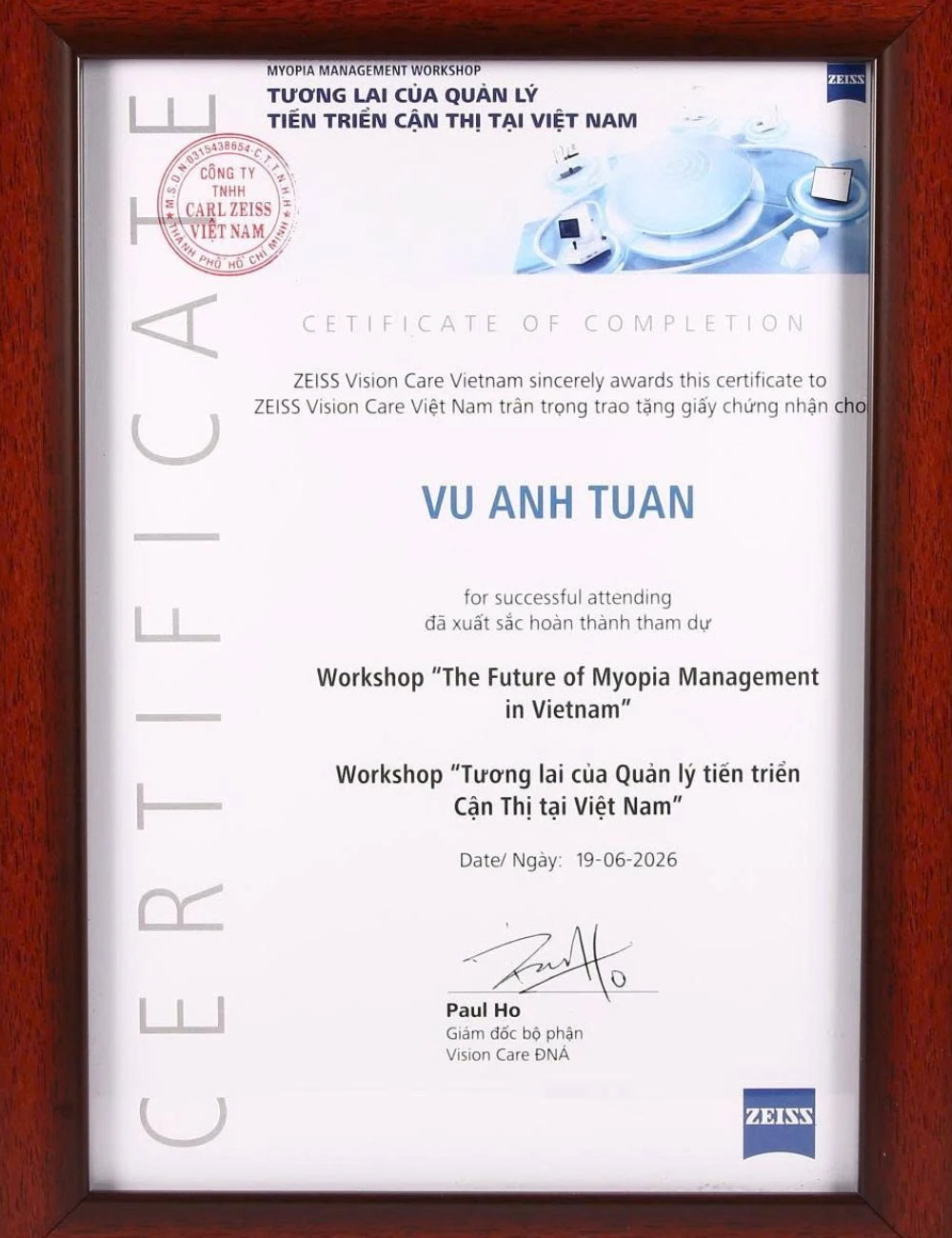 Chứng nhận 6 Hồ sơ đào tạo ZEISS Workshop